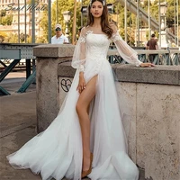 elegant a line wedding dresses 2022 for women boho puff sleeves lace appliques slit bridal gown button tulle vestido de novia
