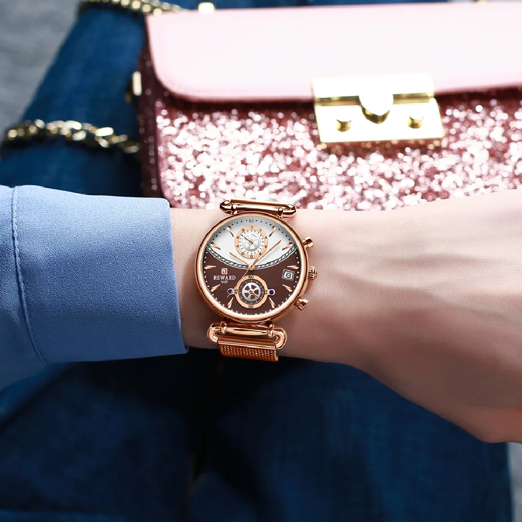 REWARD Women Watches Fashion Rose Gold Female Clock Business Quartz Watch Ladies Stainless Steel Waterproof Wrist Watch Relogio enlarge