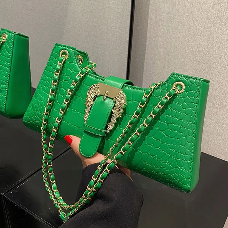 

Pattern Blue Crocodile Shoulder Bags 2023 Underarm Bags Green Clutch Armpit Bags Chain Luxury Fashion Chic Handbags New Women's