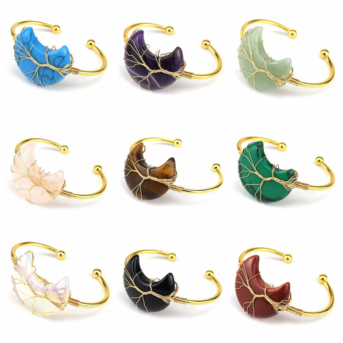 

6PCS Natural Gemstone Heart Cuff Bracelet Handmade Woven Lift of tree Healing Chakra Crystal Friendship Bangle Jewelry Charm