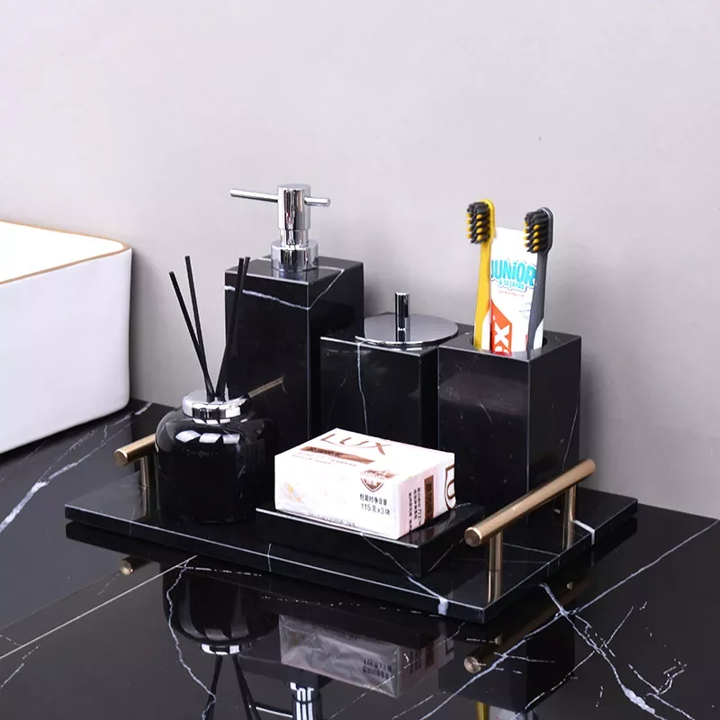 

Nero Marquina Black Natural Marble Bathroom Set Luxury Soap Dispenser Toothbrush Holder Storage Tray Tissue Box Kit Bathroom