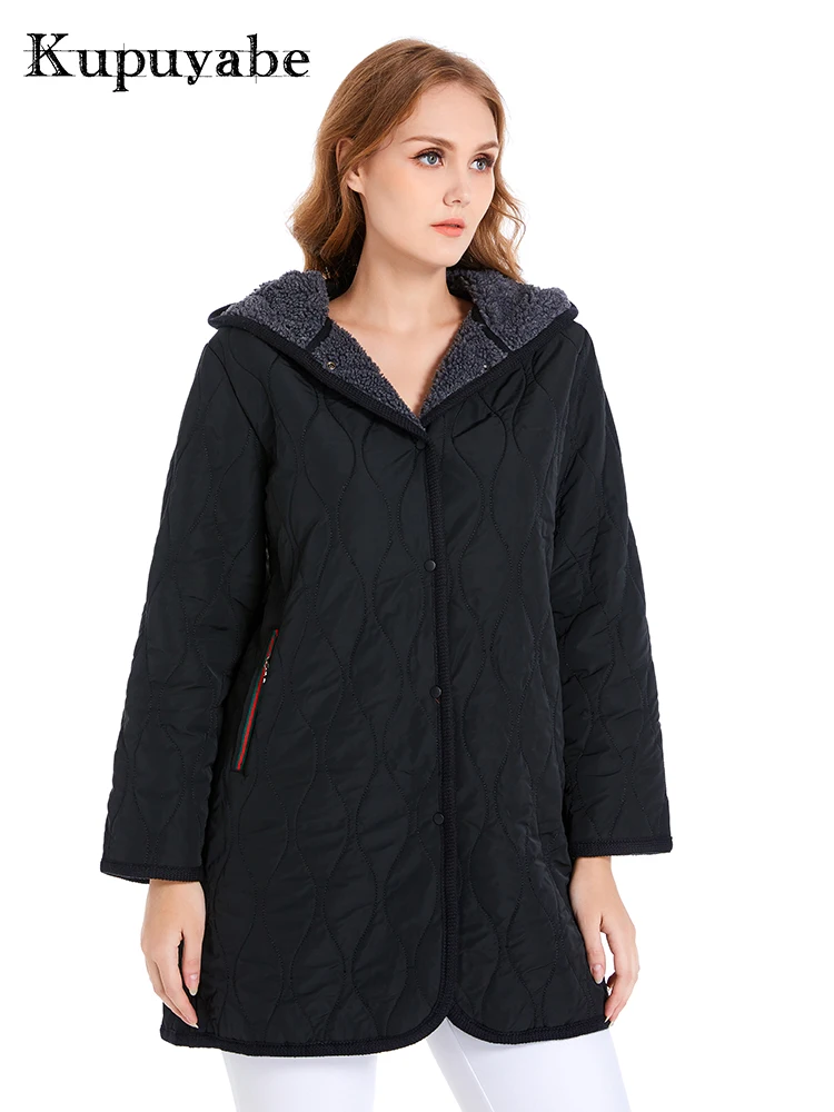 KUPUYABE Women's Plus Size Winter Padded Jacket Woolly Lining Cotton Padded Jacket Thick Warmth and Windproof Hooded Coat