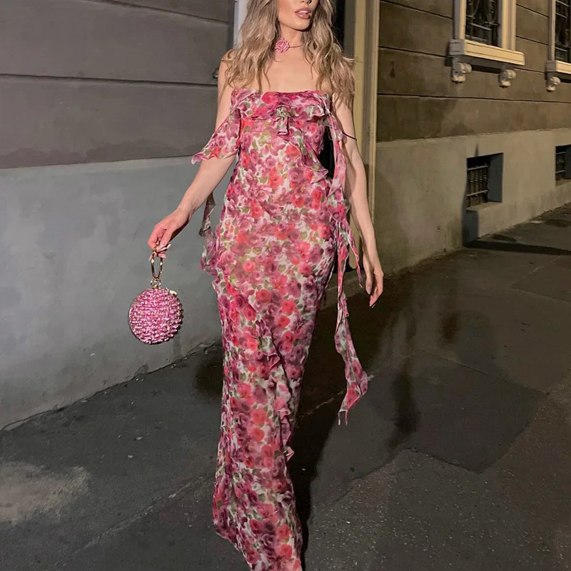

Europe Streetwear 2023 Summer Sexy Women Falbala Design Dress Formal Elegant Clothes Evening Party Dresses Girl Print Robe Y2k