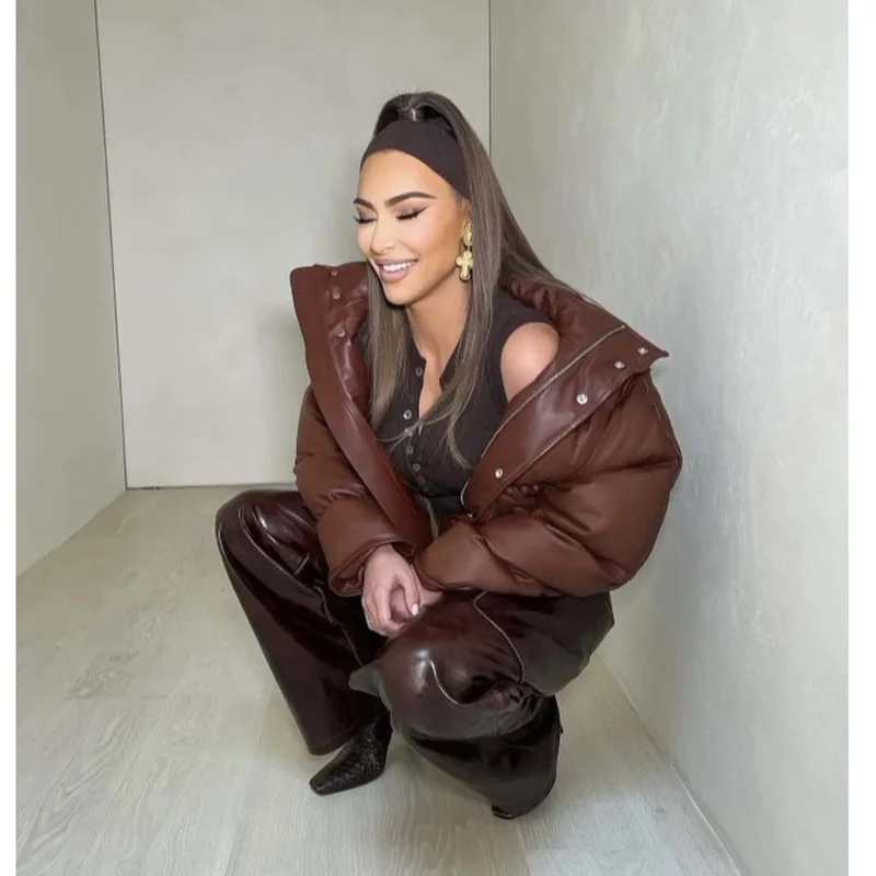 2021 Winter New Women PU Leather Cotton Coat Zipper Stand Collar Short Coat Cotton-padded Jacket Brown Streetwear Casual Ladies