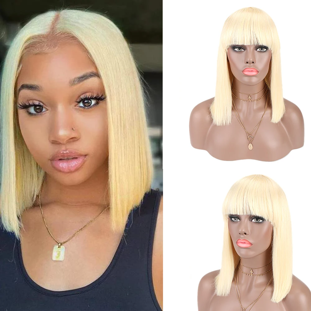 Blonde Bob Wigs Straight Human Hair with Bangs Brazilian Remy Hair Wigs for Black Women 16Inch Pre Plucked 613 Human Hair Wig
