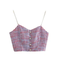 2022 spring new plaid backless slim french style front buckle rear cross straps linen short ladies suspender top