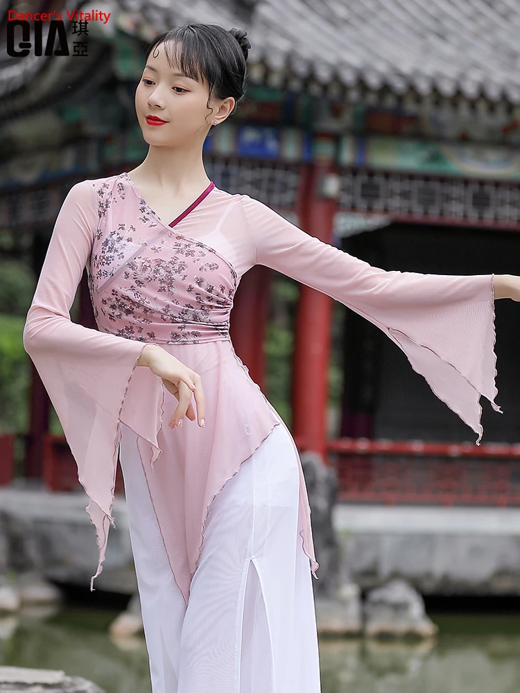 

Classical Dance Costume Gauze Female Adult Mesh Floral Stitching Top Elegant Hanfu Play Chinese Dance Wear Performance Clothing
