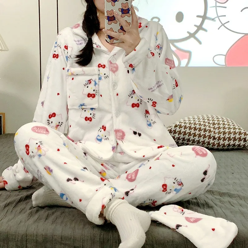 

Anime HelloKitty Sanrio Kawaii Plush Pajama New Cinnamoroll Kuromi MyMelody Pochacco Cute Winter Warm Home Student Set Girl Gift