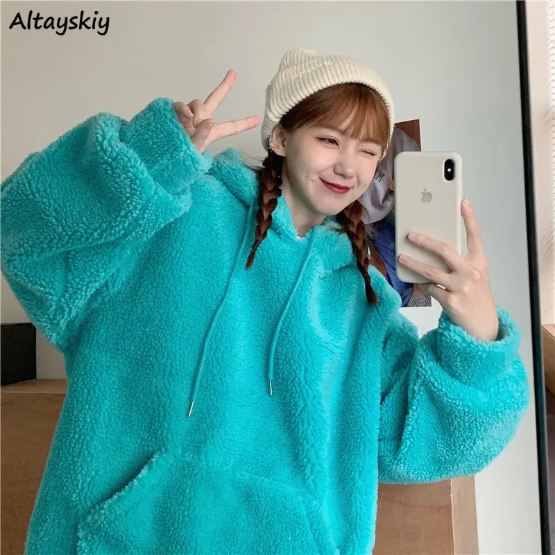 

Lambswool Hoodies Solid Long Sleeve Kawaii Hooded Front Pocket Females Loose Oversize New Warm Thickening Side-slit Sweatshirts