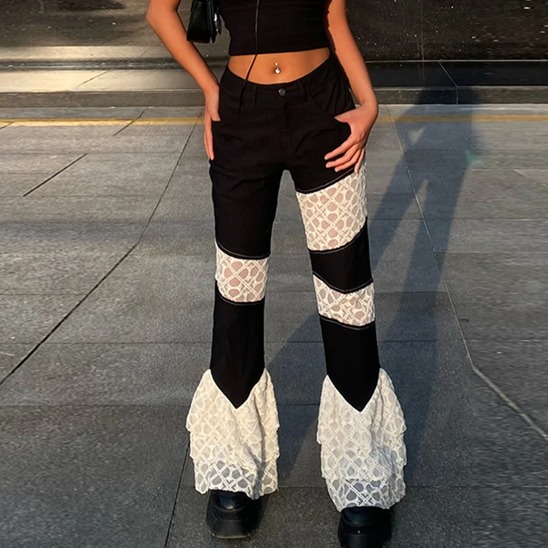 

hirigin Y2K Women Long Flare Pants Trousers 2022 Low Waist Buttons Zipper Lace Patchwork Slim Fit Long Trousers Club Streetwear