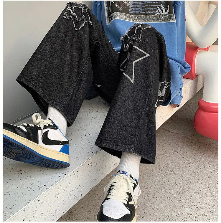 Vintage Women's Men's Korean Denim Pants Y2K Cltohes Streetwear Printed Patchwork Baggy Wide Jeans Straight Trousers For Men