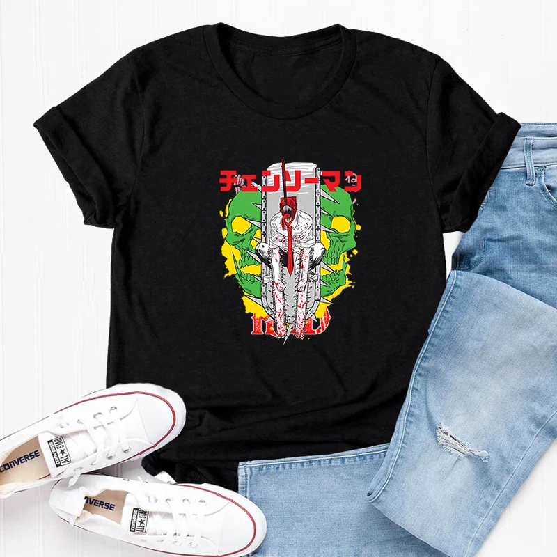 

Футболка с коротким рукавом для мужчин и женщин, хлопковая рубашка с принтом бензопилы, воина, дэндзи, аниме футболка с круглым вырезом, топ ...