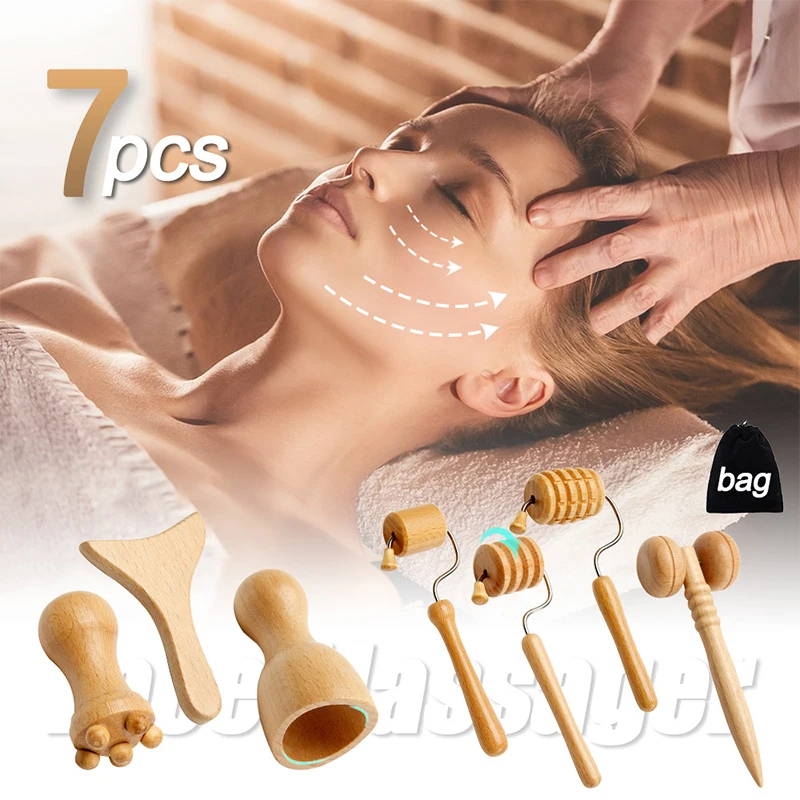 

7Pcs/set Face Massagers Gua Sha Tools Wood Therapy Meridian Massage Kit Roller Facial Lifting Scraper
