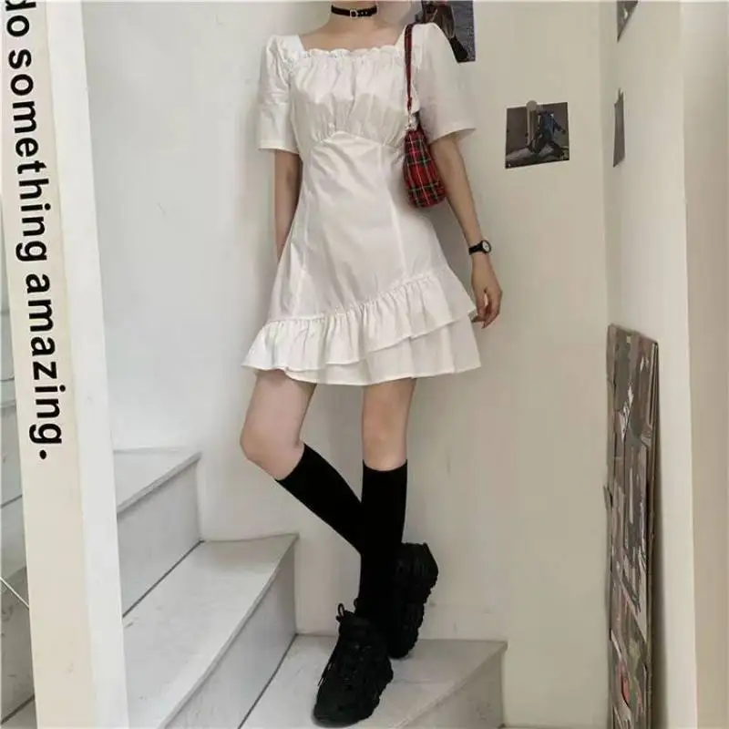 

Женское асимметричное платье-годе, однотонное платье-трапеция мини с квадратным вырезом, высокой талией и коротким рукавом-фонариком, лето ...