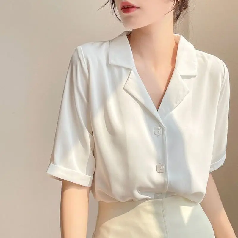 

Women's Elegant Blouses Suit Collar White Shirts 2022 Woman Autumn New Design Temperament Chiffon Tops Short Long Sleeve Blouse
