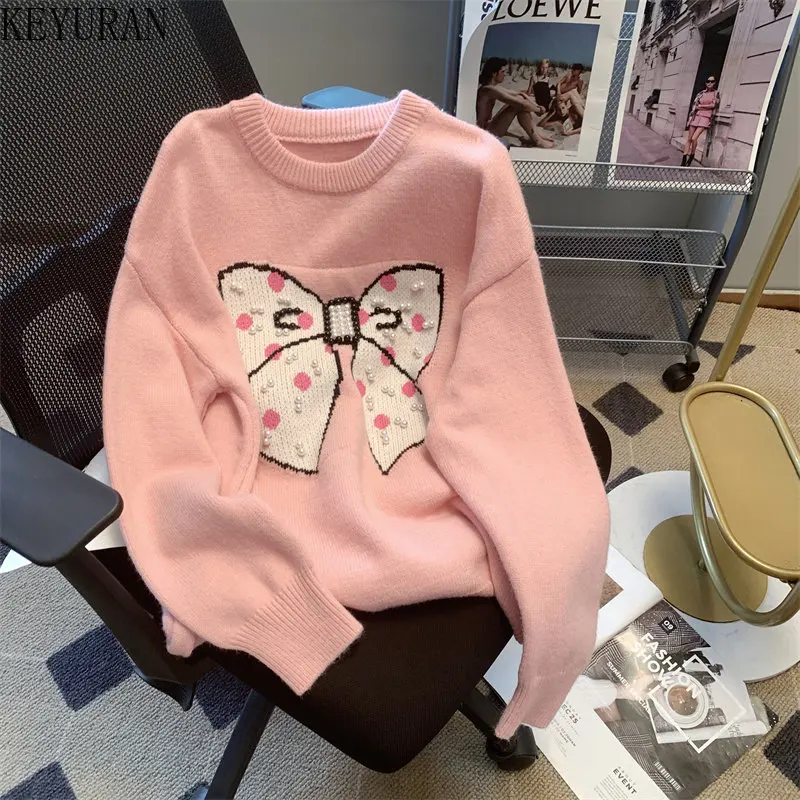 

White Bowknot Beading Knitted Pullovers Sweater Women 2022 Autumn Winter Korean Fashion O-Neck Long Sleeve Knitwear Tops Female
