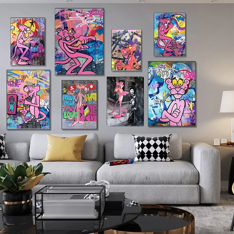 

King Pink Panther Posters and Prints Graffiti Art Canvas Painting Street Wall Art Pictures for Living Room Children Home Decor