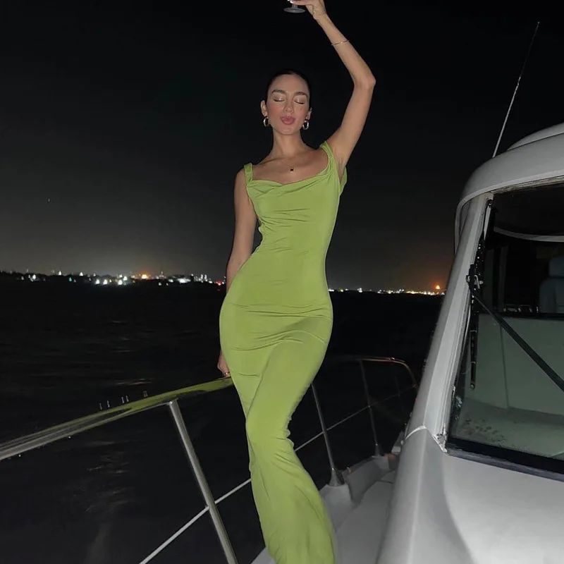 

2023 Elegant Sexy Backless Draped Maxi Dress for Women Club Party Vestidos Sleeveless Gown Long Tank Dresses Outfits