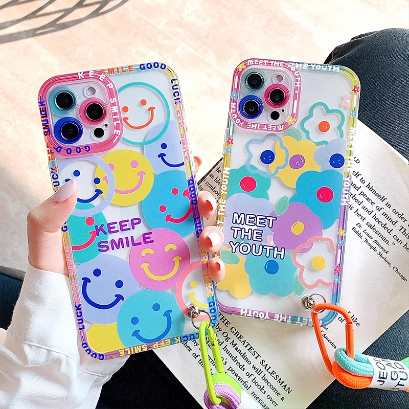 

Colorful Flowers Smile Strap Lanyard Phone Case For iPhone 13 Pro Max 12 11 X XS XR 7 8 Plus Cute Fashion Transparent Soft Cover