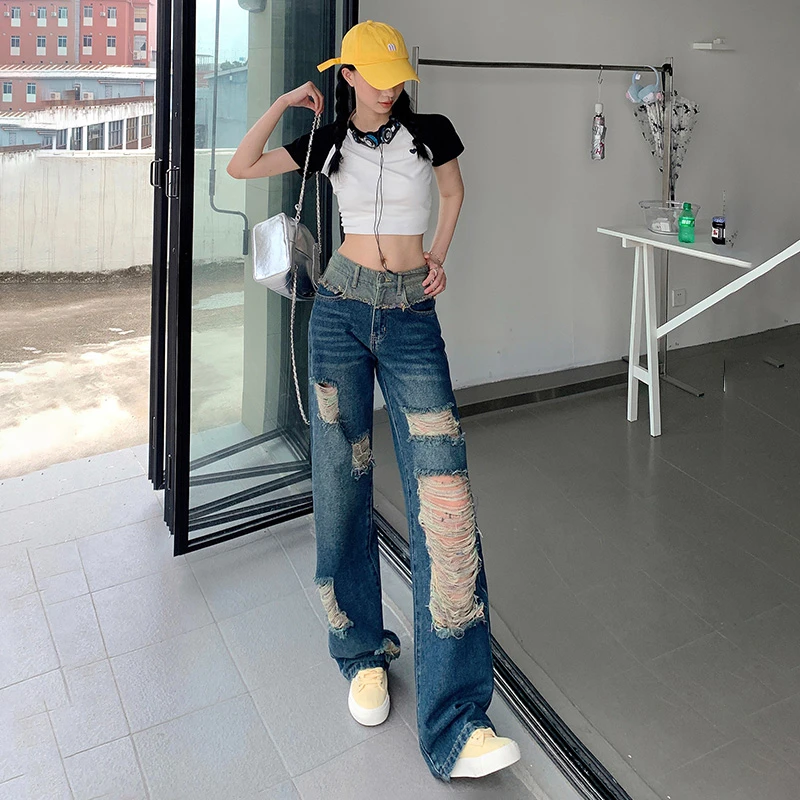 Jeans Women's Blue Commuter Pants Summer High Waist Perforated Pants with Ragged Edges Straight Leg Wide Leg Pants