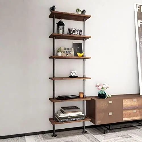 

Pipe Bookshelves Rustic Ladder Bookshelf Display Storage Stand Shelf Bookcase for Living Room, Kitchen, Office (6 Tier) Bogg ba