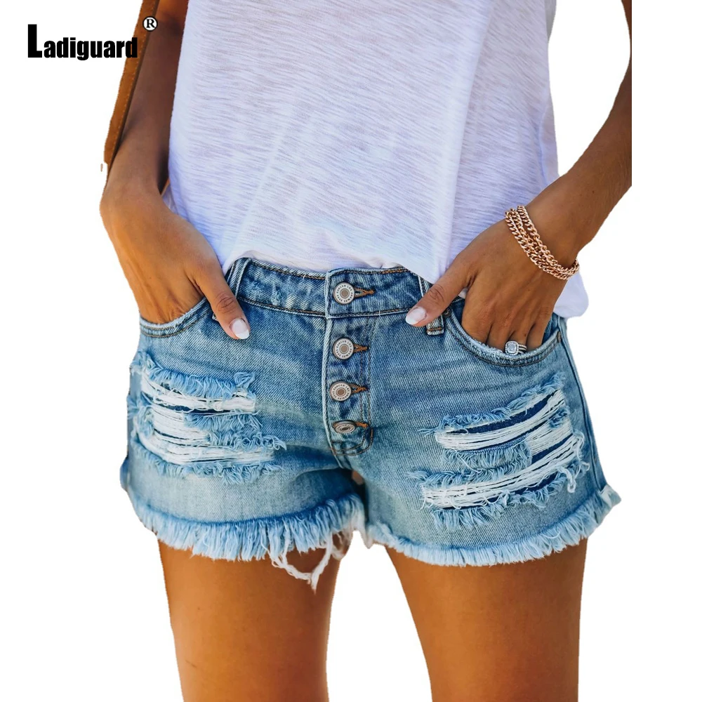 Ladiguard 2022 Sexy Ripped denim shorts Women Casual Shredded Light Blue Short Jeans Panties Ladies Summer Buttons Up hotpants