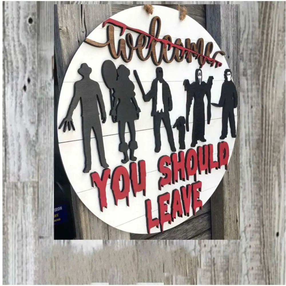 

Adhesive Halloween Doorplate Horror With Twine Non-perforated Horror Welcome Sign Wooden 3D Halloween Atmosphere