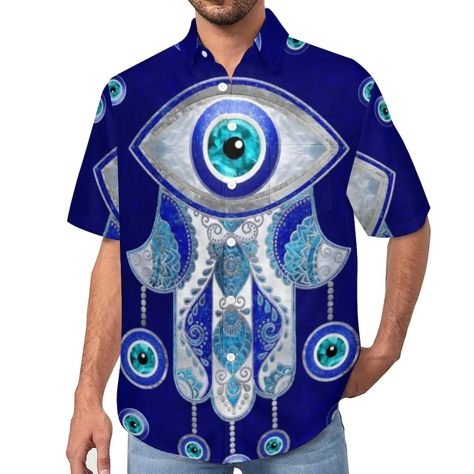 

Hamsa Hand Loose Shirt Men Beach Evil Eye Amulet Casual Shirts Hawaiian Design Short Sleeve Novelty Oversized Blouses