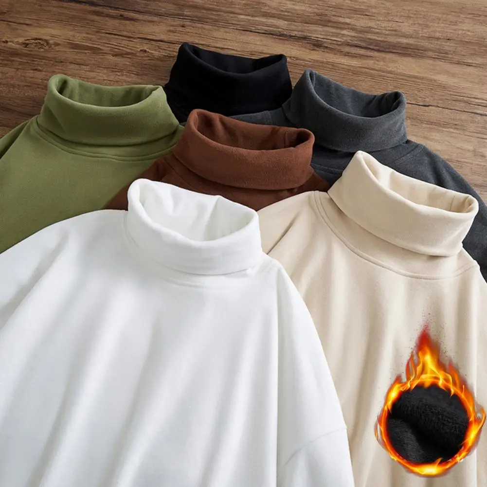 

Trendy Men Base T-shirt Solid Color Neck Protection High Collar Men Base Top Loose Winter Base Top for Work