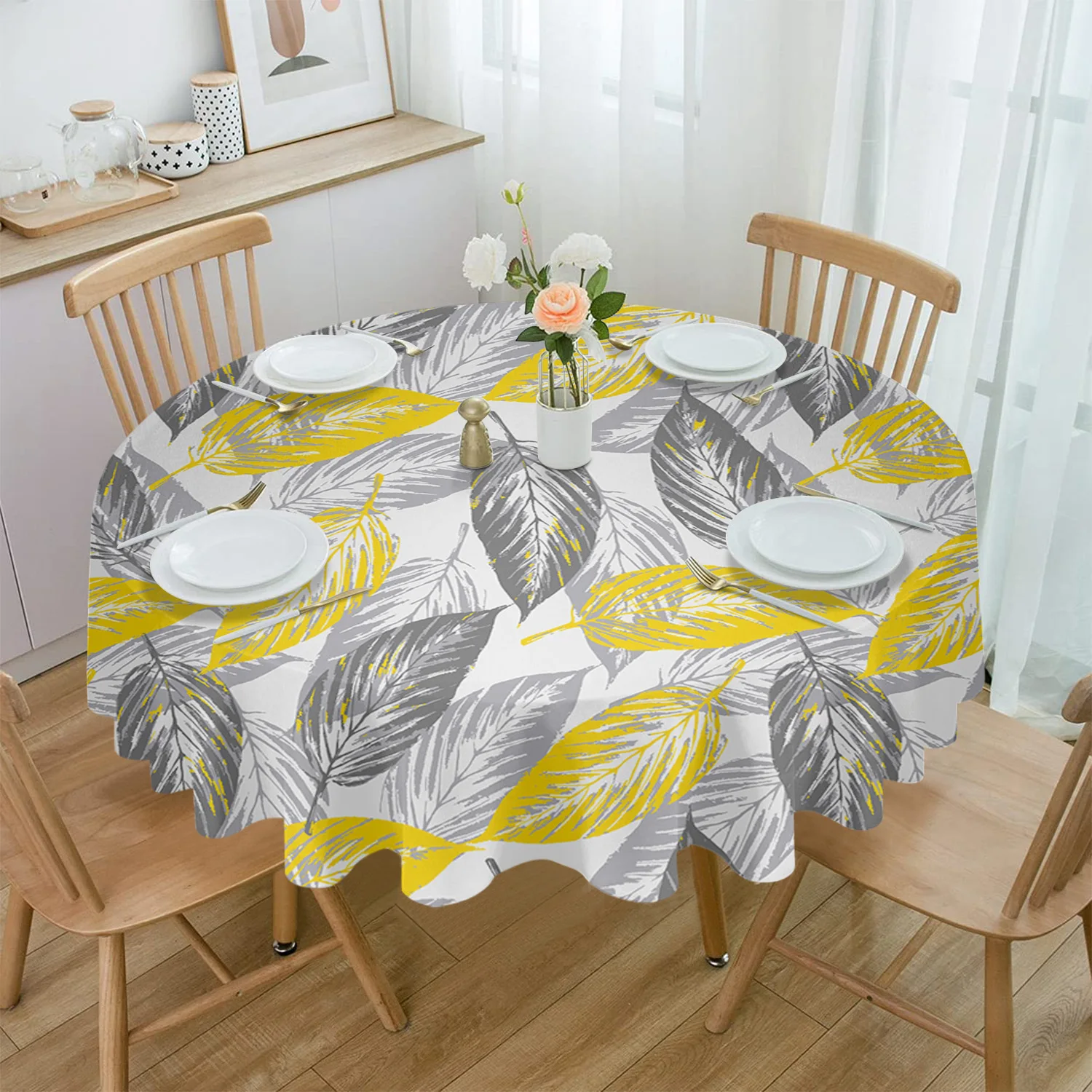 

Yellowish Gray Leaf Texture Waterproof Tablecloth Tea Table Decoration Round Table Cover for Kitchen Wedding Home Dining Room