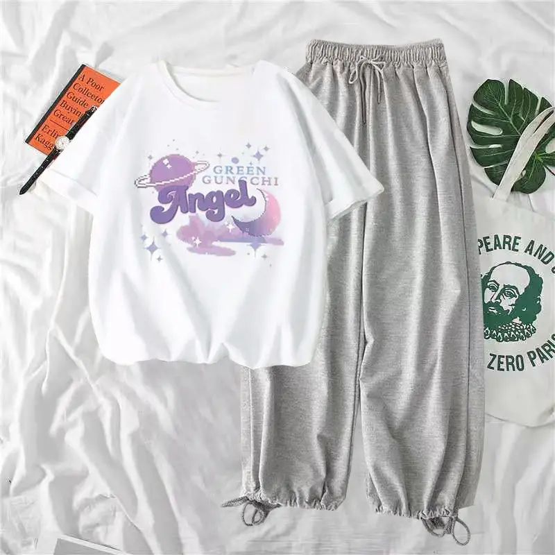 

Summer Women Harajuku Casual Korean Fashion Wide Leg Pants 2 Piece Set Suit Short Sleeve Top Outfit Streetwear Tracksuit X269