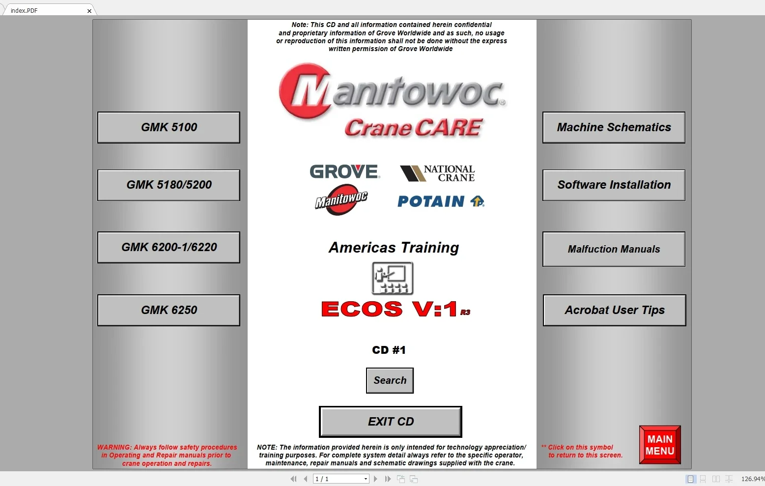 DVD-просмотр Grove Manitowoc Crane Care Full ECOS V1 V2 V4