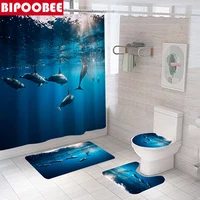 3D Dolphin Shower Curtains Sea Ocean Scenery Bath Rugs Toilet Cover Non-slip Mat Waterproof Fabric Bathroom Curtain Home Decor