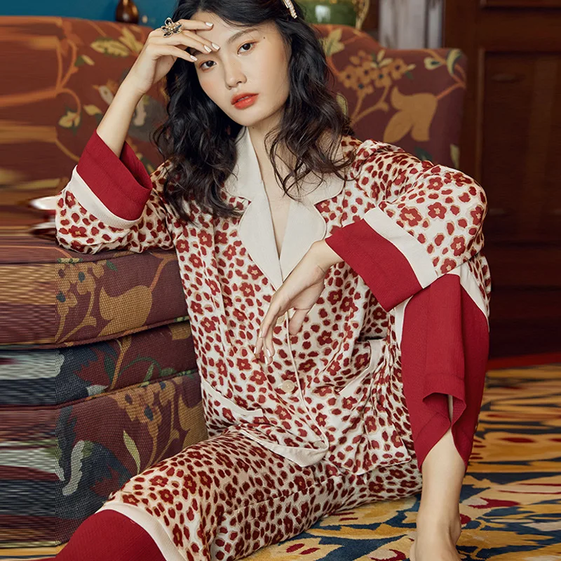 

New Fashion Floral Printed Satin Pajamas Set Women Loungewear 2Pcs Long-Sleeve Elastic Waist Loose Luxury Nightwear Sleepwear