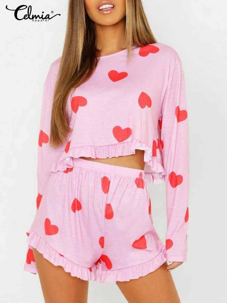 Celmia Women Heart Print Pajamas Sets 2023 Fashion Summer Long Sleeve Pajamas Suit Casual Loose Soft Loungewear Shorts Sleepwear