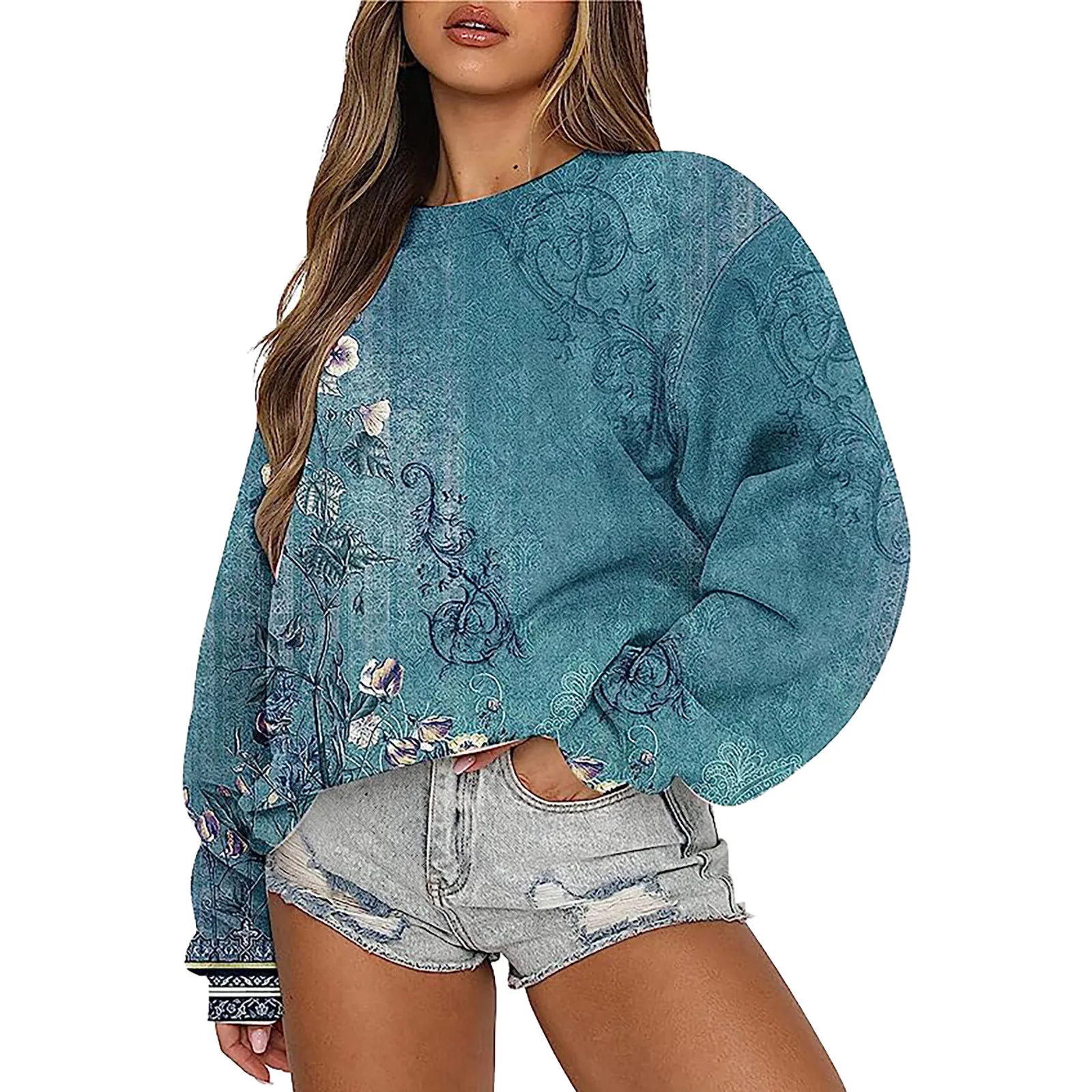 

Women Ethic Print Sweatshirt Comfortable Long Sleeve Crewneck Pollover Elegant Casual Loose Fit Pullover For Ladies Autumn