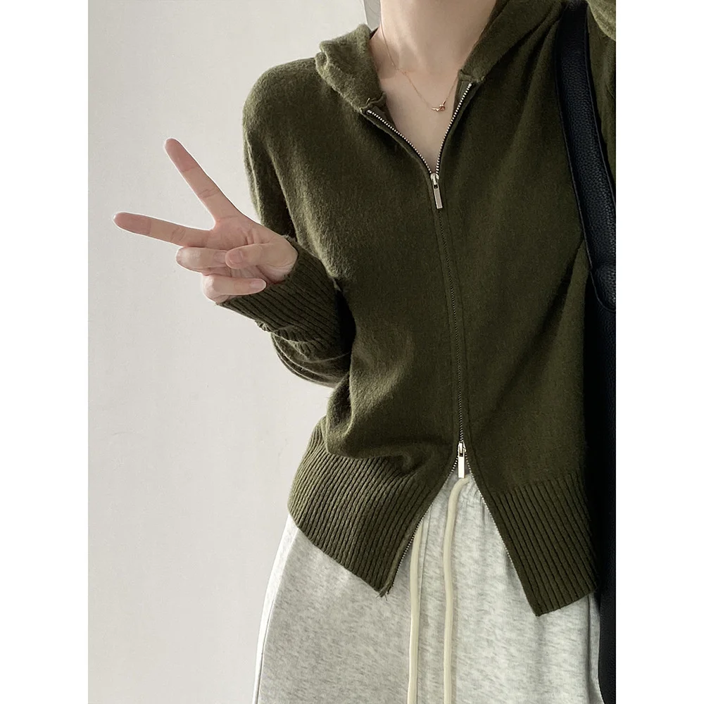 

Women's Slim Fit Full Zipper Long Sleeve Knit Cardigan Gray Green Black Slim Tops for Fall