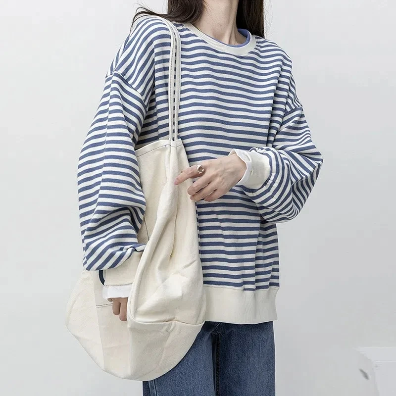 

Yasuk Autumn Winter Summer Fashion Solid Casual T-Shirts Loose Pullover Women's Long Loose Tees Top Soft Stripes Preppy Gentle
