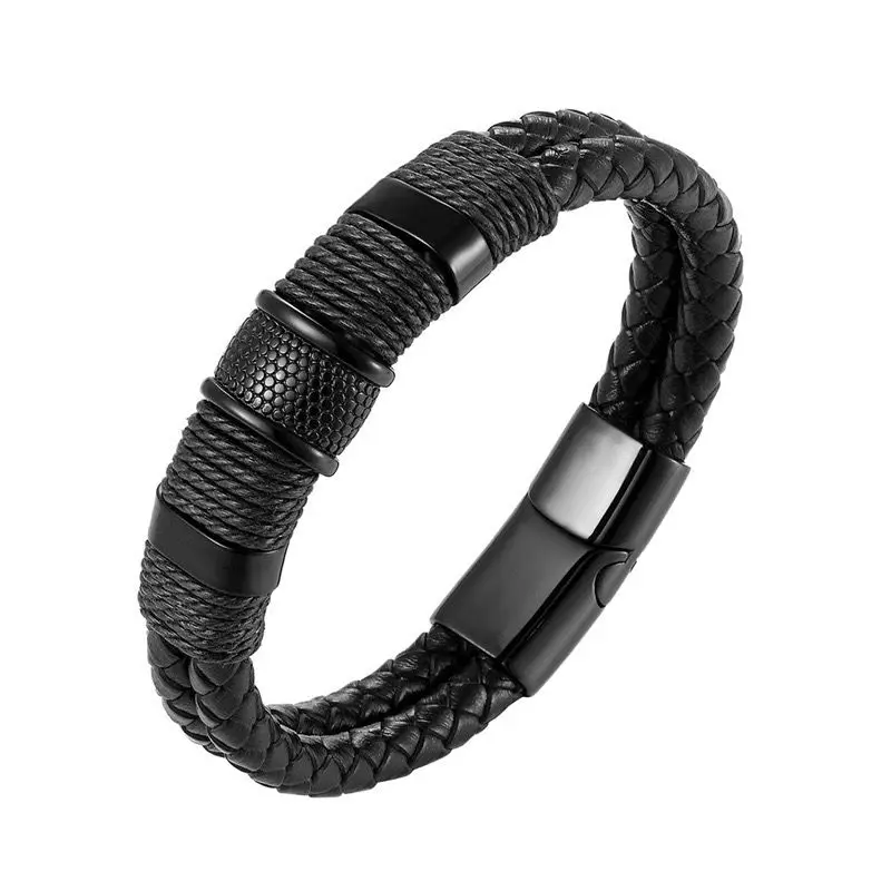 

Charm Braided Leather Cord Wrap Special Style Stainless Steel Men's Double Layer Design Leather Bracelet Jewelry Customization