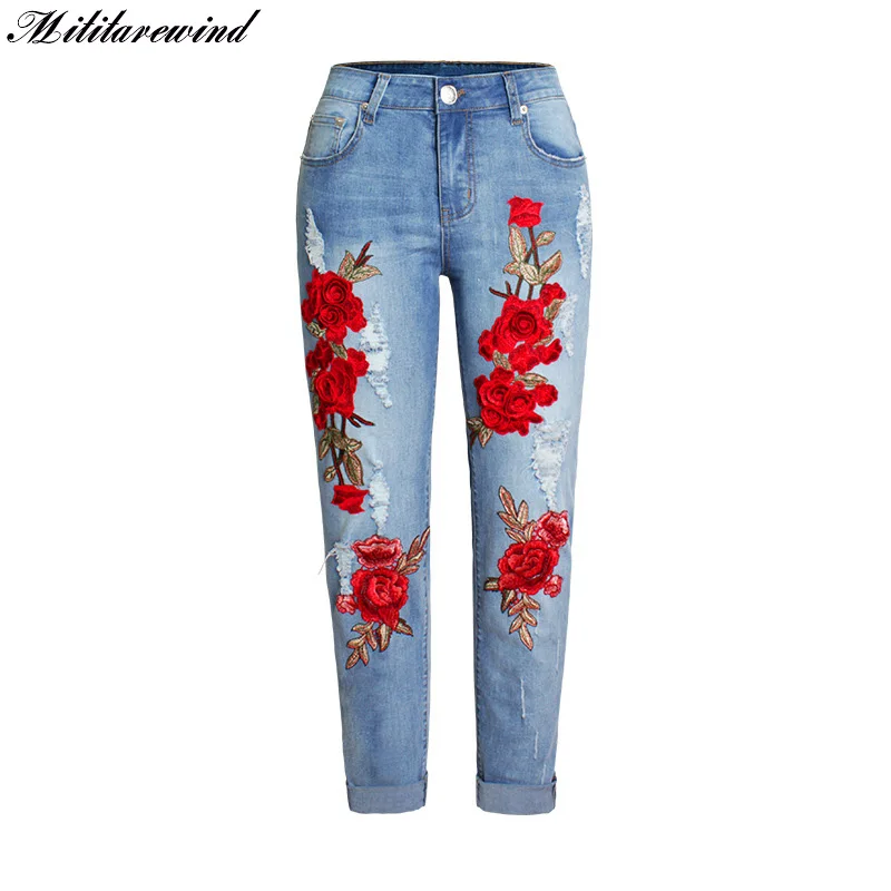 

Рваные джинсы с вышивкой и дырками, джинсовые брюки, женские модные прямые 3D джинсовые брюки с цветными цветами для женщин
