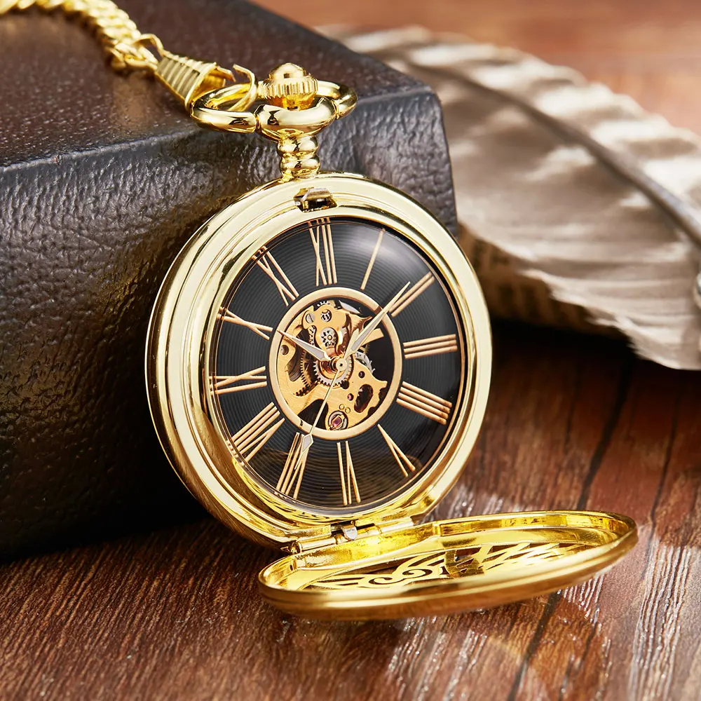 Vintage Golden Angel Double Wings Mehanical Pocket Watch FOB Chain Hollow Skeleton Hand Wind Mechanical Mens Womens Watch