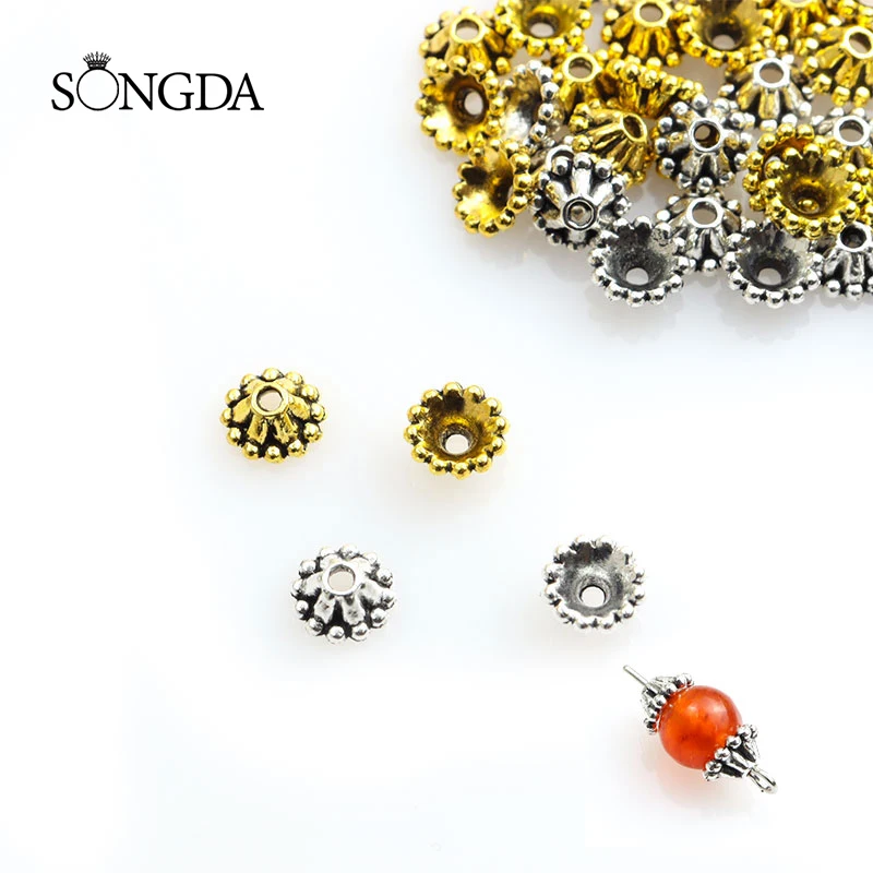 

50pcs Flower Beads End Caps Antique Silver/Gold Plated Alloys Loose Beads For Jewelry Making Findings Needlework DIY Accessories