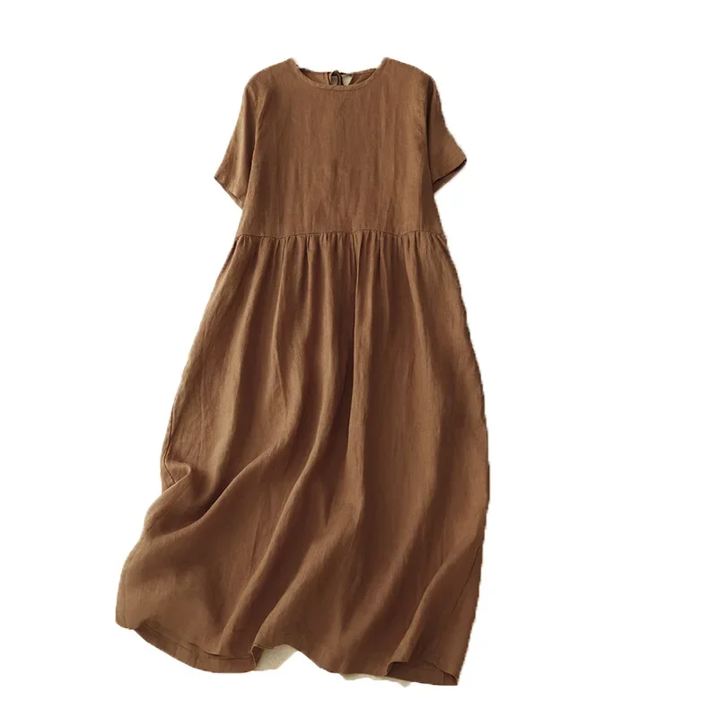 Женское платье из хлопка и льна простое свободное однотонное с круглым вырезом