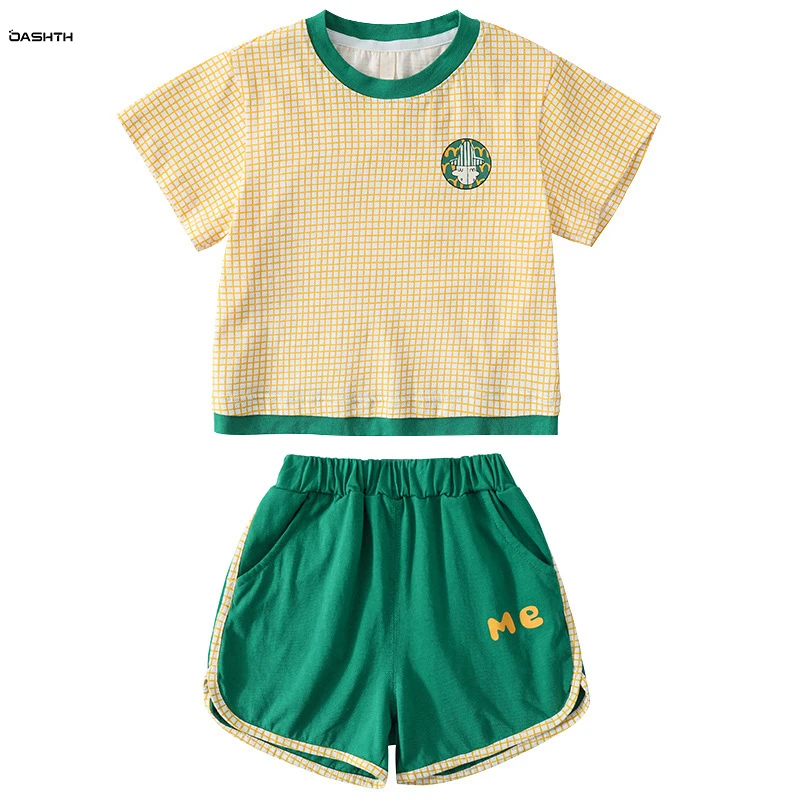 

Детская одежда OASHTH, новинка, модный клетчатый комплект из двух предметов для маленьких девочек с коротким рукавом