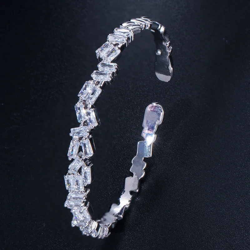 

ThreeGraces Sparkling Cubic Zirconia Silver Color Fashion Party Bracelet Bangle for Women Prom Night Costume Jewelry BA055