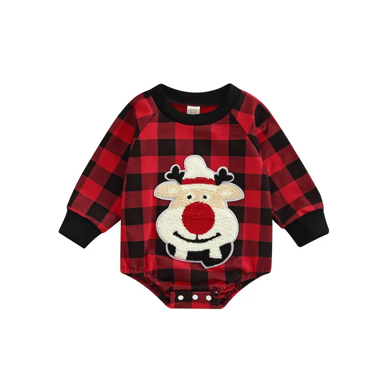 

Baby Girls Christmas Plaid Romper Red Long Sleeve O Neck Elk/Santa Claus Print Bodysuits for Newborn Infants 0-18 Month 2023