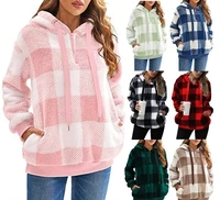 2022 autumn and winter new womens long sleeved hooded plaid fleece womens sweater coat
