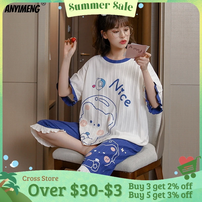 

Young Girls Fashion Summer Soft Cotton Pajamas Cute Bear Printing Homewear Round Collar Calf-Length Pants Sleepwear for Women