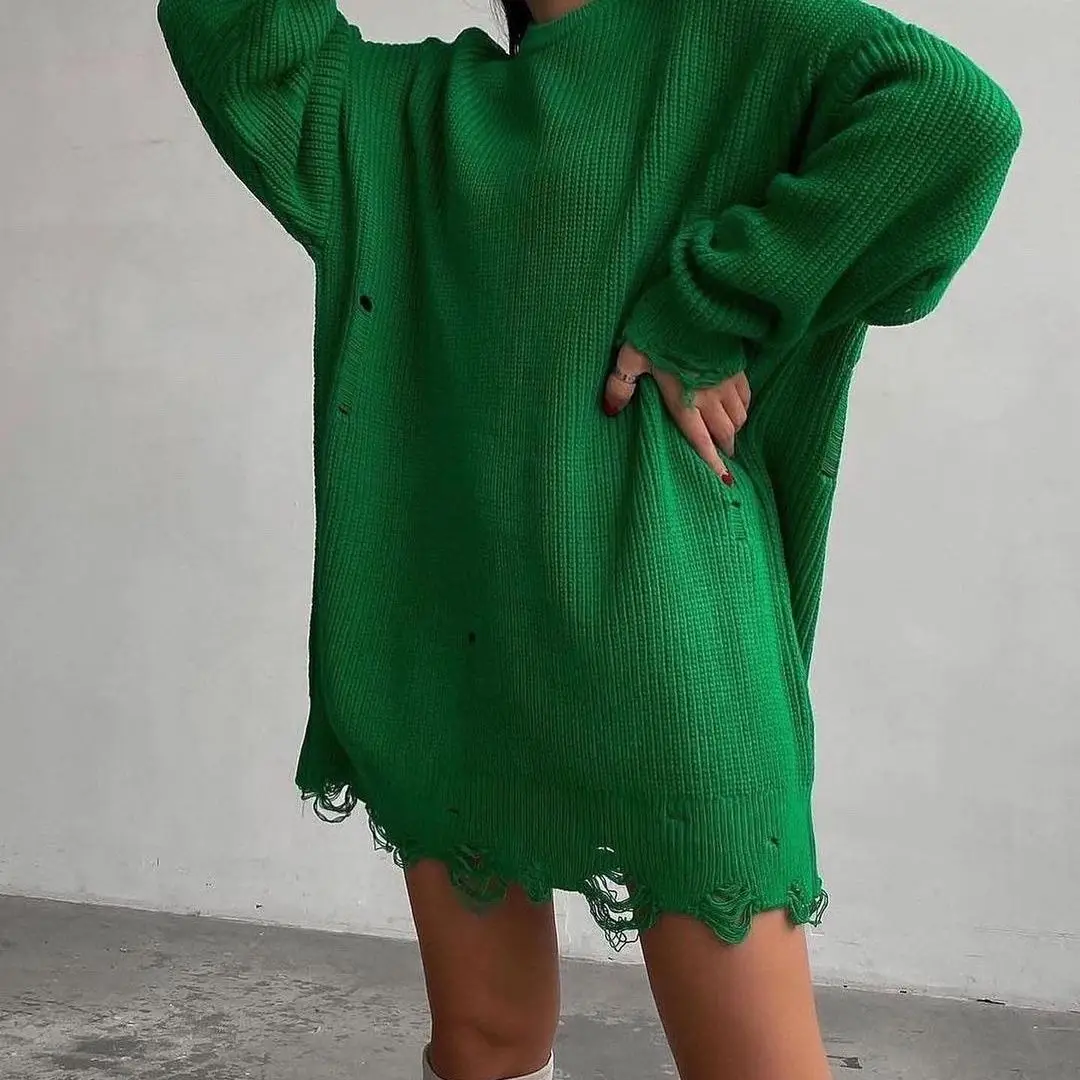 

Женский модный вязаный свитер с длинным рукавом, рваный с вырезом лодочкой, повседневный Свободный пуловер, топ для офиса, Женский уличный вязаный свитер