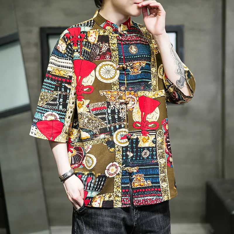 Летний топ с вышивкой и принтом Мужские Винтажные льняные рубашки в традиционном